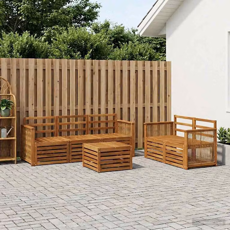 vidaXL Set di divani da esterno a forma di U composto da 6 pezzi in legno di acacia massello marrone con cuscini inclusi