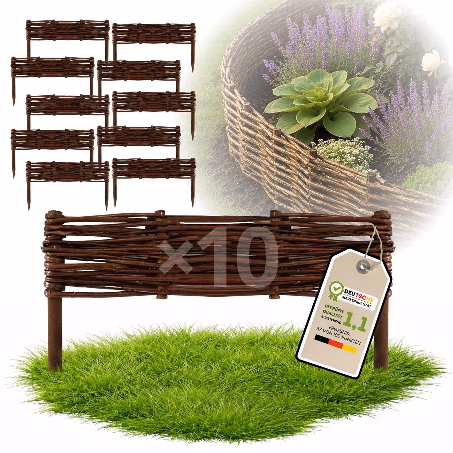 Floranica 10 pezzi Recinzione in vimini 10 cm x 50 cm – Staccionata da giardino intrecciata Palizzata Recinzione naturale Bordo aiuola