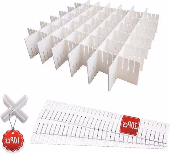 Sistema di organizer per cassetti regolabile - Divisori in plastica flessibili per cassetti di biancheria intima e calze - 20 pezzi con 10 fibbie incrociate - Blu
