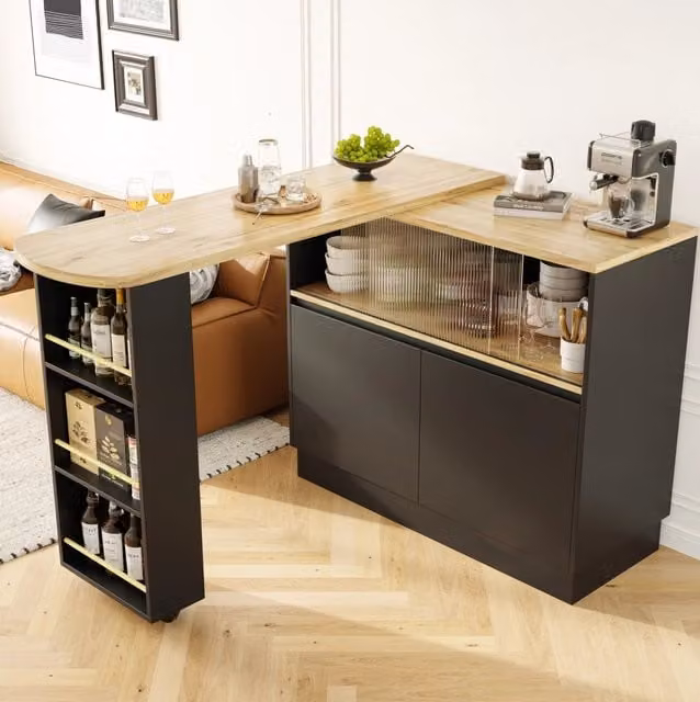 Mobile bar girevole 360° in MDF nero con ante in vetro