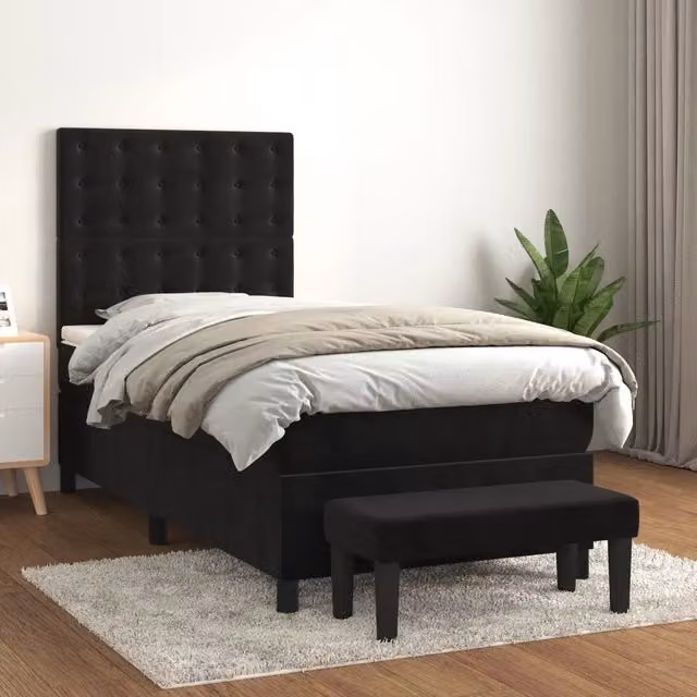 Letto Ibrido vidaXL con Giroletto a Molle e Materasso in Velluto Nero e Bianco L/P/H: 193 x 90 x 128 cm – 1