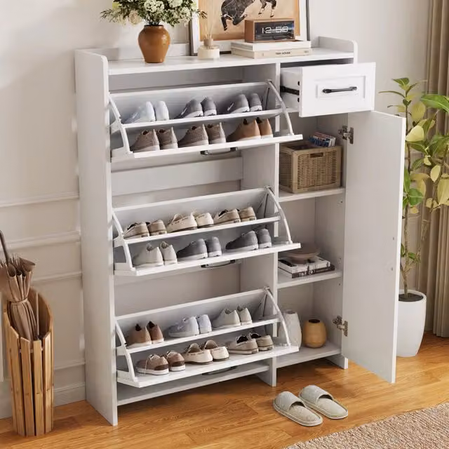 Scarpiera moderna WISHDOR bianca con 3 ribalte, cassetto e vano laterale, L: 92 cm, P: 24 cm, H: 121 cm
