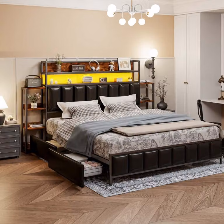 Letto imbottito AIORBER, 160x200 cm, quattro cassetti spaziosi, ampio spazio di archiviazione, con illuminazione LED, struttura del letto in ferro massiccio, letto matrimoniale, nero