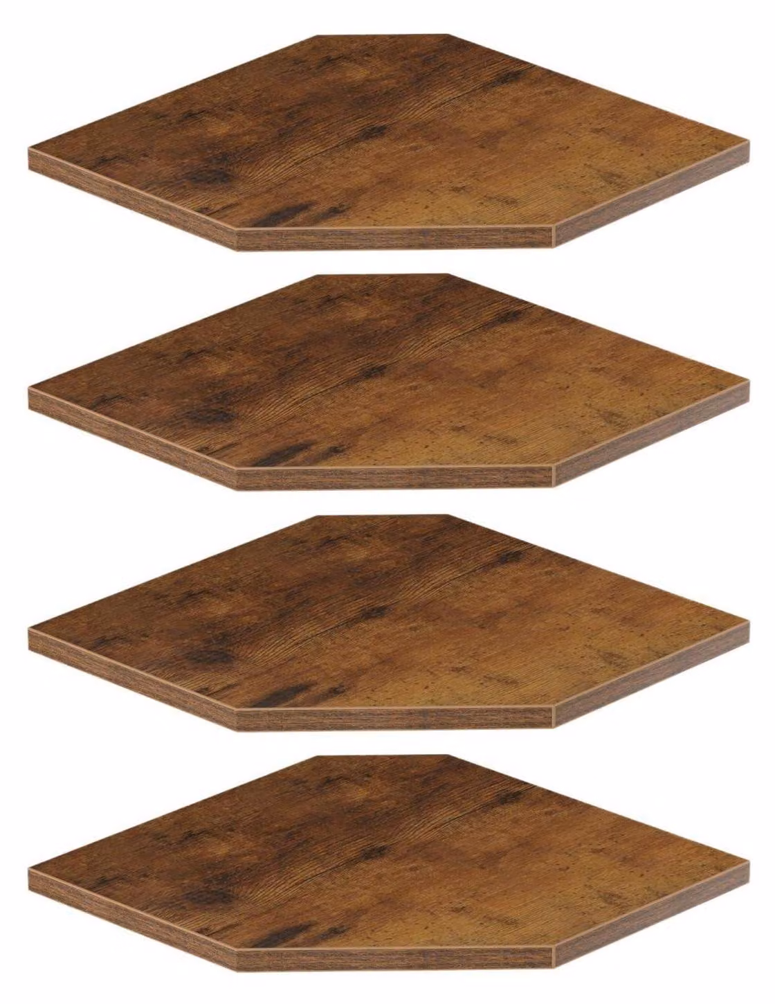 Set di 4 mensole da parete sospese, colore marrone ruggine, forma esagonale, con fori a rete metallica