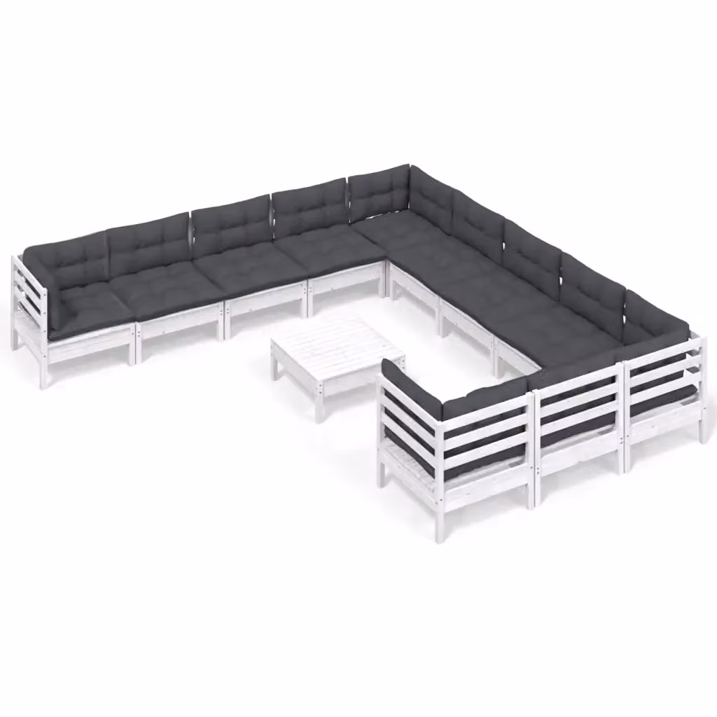 Set di Divani da Giardino a L vidaXL in Legno di Pino con Cuscini, Bianco e Antracite – 2