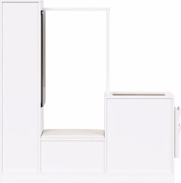 Set da ingresso 6-in-1 con vano trucco; asta; scarpiera a ribalta; vetrina e LED via app; truciolato; bianco