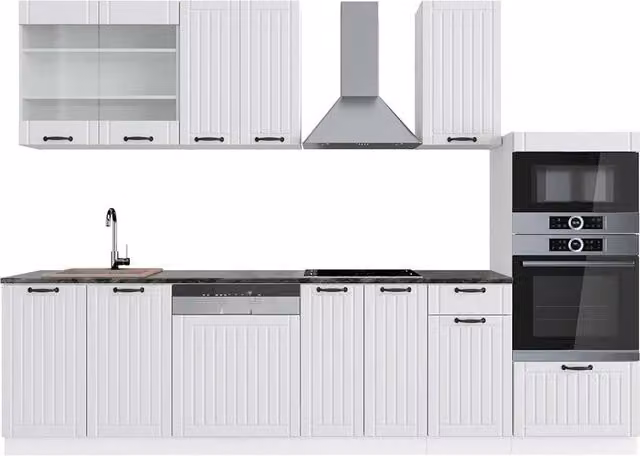 Cucina componibile Vicco Fame-Line Bianco rustico e Bianco con armadio alto e piano antracite, L: 300 cm – 1