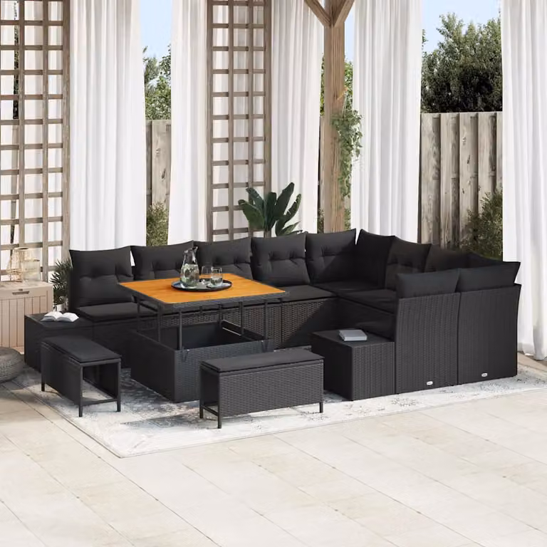 Set Divano da Giardino vidaXL a forma a U con 12 pezzi, Nero