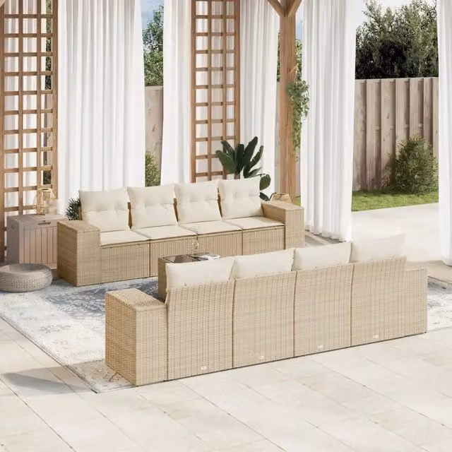 Set Divano da Giardino 9 pz con Cuscini Beige in Polyrattan 3222347