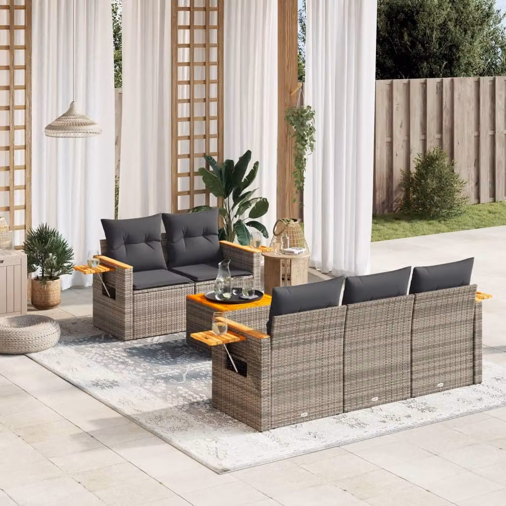 vidaXL Set Divano da Giardino 6 pz a L con Cuscini Grigio in Polyrattan e Legno di Acacia – 1