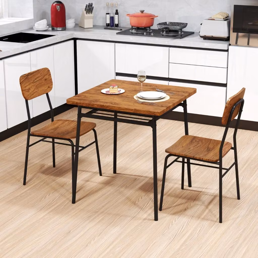 Set da pranzo composto da tavolo quadrato con scaffale e 2 sedie in legno e metallo, colore marrone, ideale per cucina o angolo colazione – 2