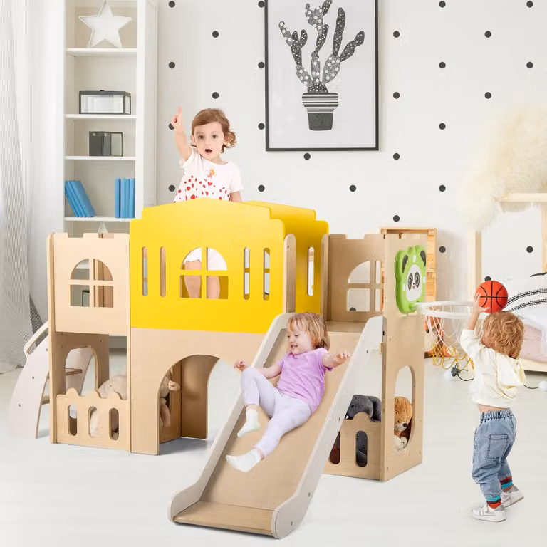 Costway Set per scivolo 7 in 1 per bambini in legno multicolore con torre di gioco e canestro da basket