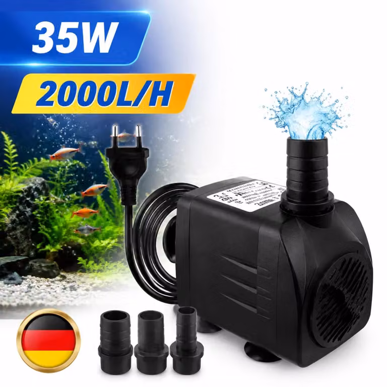 Pompa sommergibile da 35W, portata 2000 L/H, pompa filtro, pompa per l'acqua, con 3 ugelli, estremamente silenziosa, ideale per l'uso in giardino