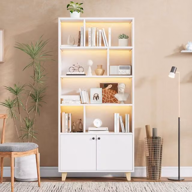 Libreria con Ante e LED ¨C MINIMAL ¨C Legno Bianco, Ripiani, 80x30x173 cm