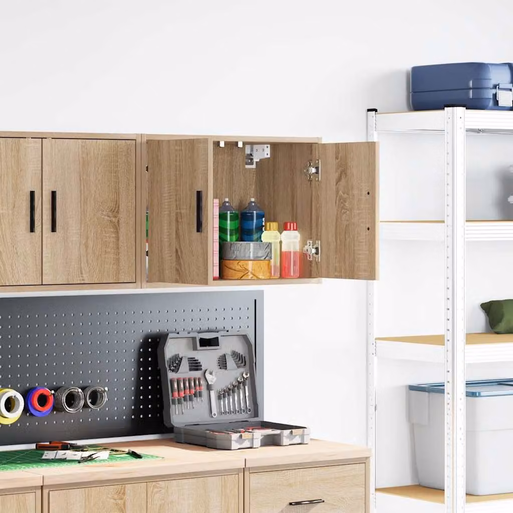 Pensile per garage vidaXL in legno multistrato e MDF color rovere, con ante a battente e ripiani interni, montaggio a parete