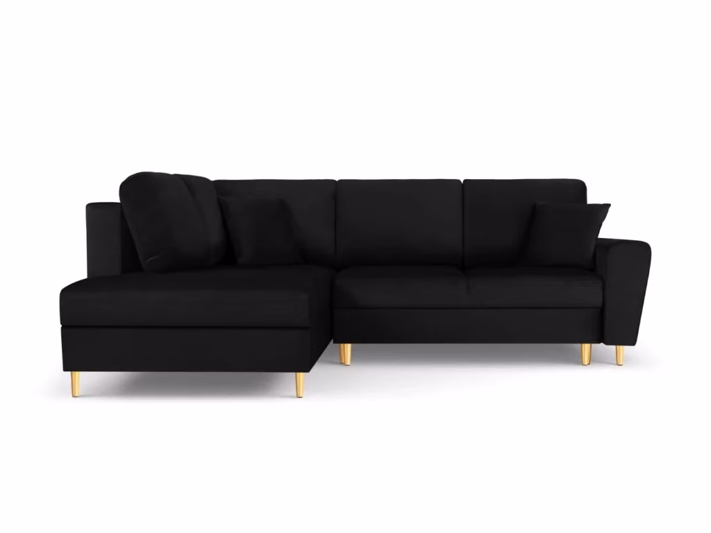 Divano angolare sinistro convertibile con contenitore Kyoto di Cosmopolitan Design in velluto nero e dettagli oro, 5 posti, L 243 cm x P 124,6 cm x H 88 cm – 2