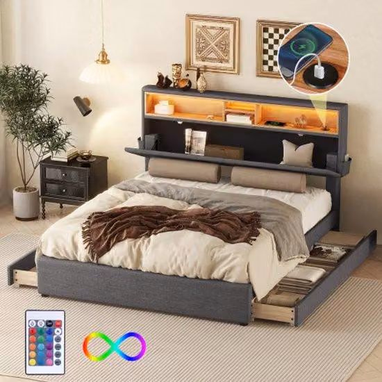 Letto matrimoniale, comodo, con vano portaoggetti, cuscini, letto con presa USB e illuminazione a LED, pratico letto con quattro cassetti, cuscini regolabili, grigio, 140 x 200 cm