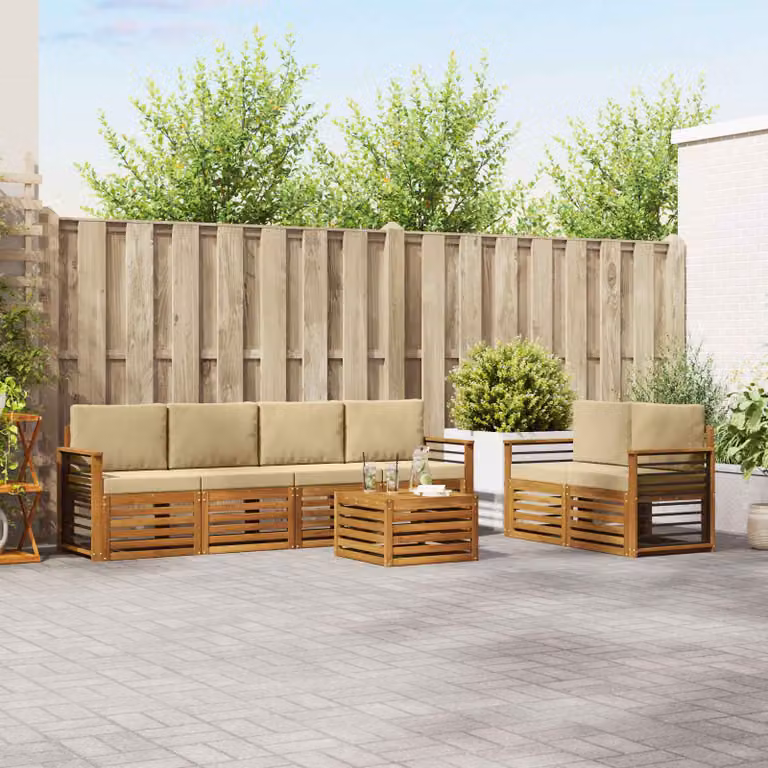 Set di divani da esterno vidaXL a forma di L composto da 7 pezzi in legno di acacia con cuscini beige e sabbia