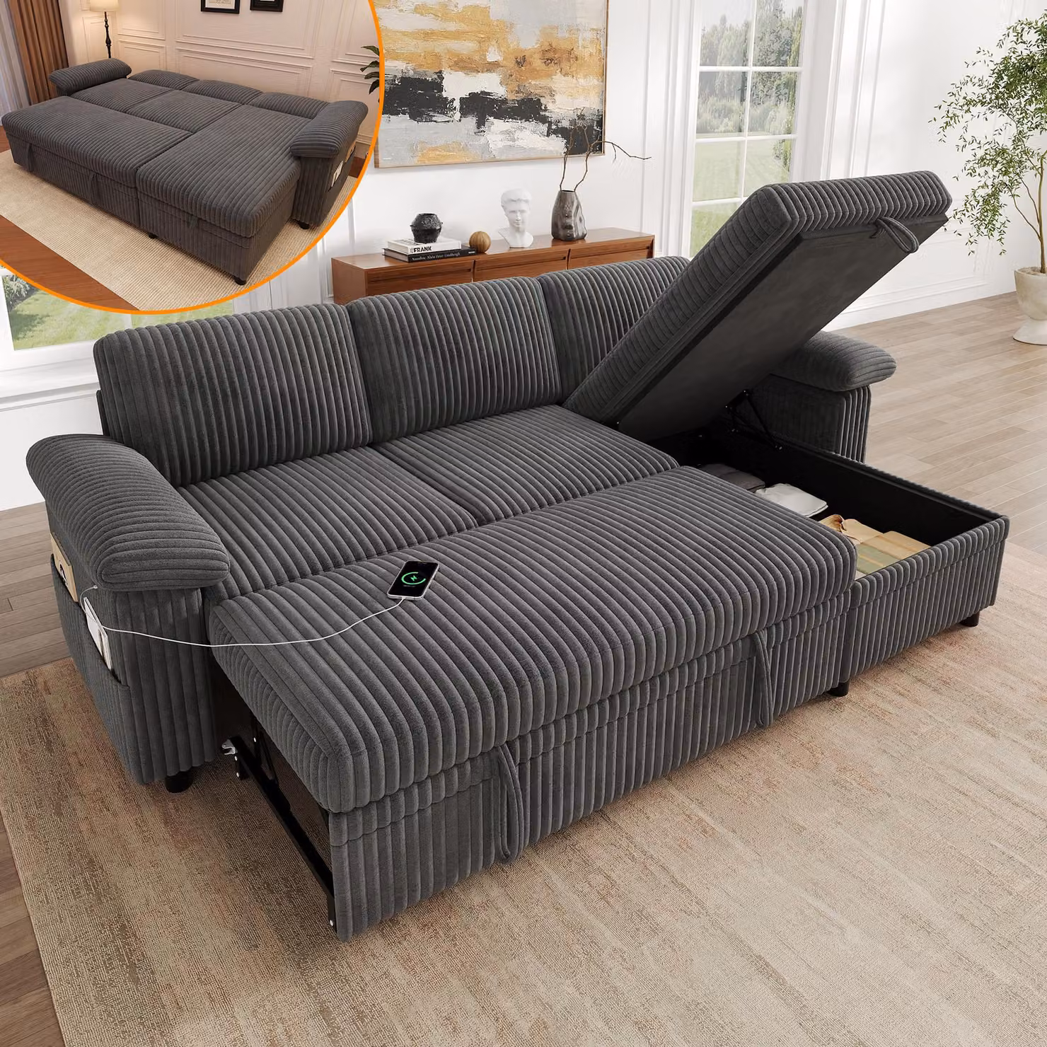 Divano angolare a forma di L, con funzione letto, pouf incluso, porta USB di tipo C, schienale regolabile, cuscini per braccioli, tessuto corduroy, colore grigio