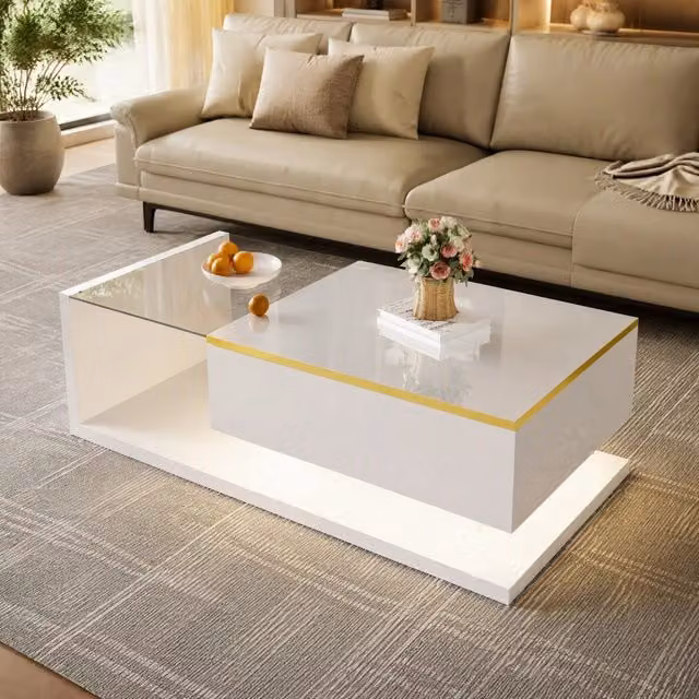 Tavolino basso fisso con piano in vetro temperato e LED dimmerabile a 16 colori bianco 100 × 50 × 32.5 cm