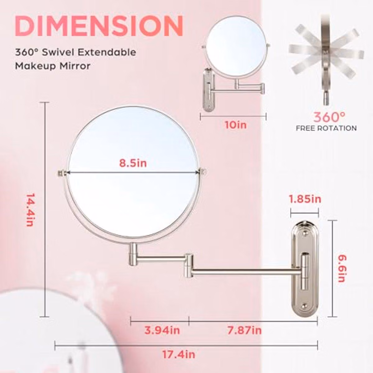 Specchio da trucco da parete con braccio estensibile - diametro 21,6 cm (8,5 pollici), ingrandimento 1X/10X, rotazione a 360 gradi