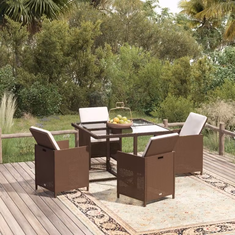 The Living Store Set da pranzo da giardino 5 pezzi con cuscini in poly rattan marrone