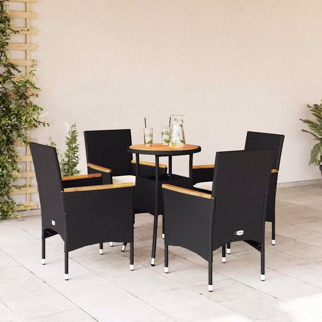 Set Pranzo da Giardino vidaXL in Polyrattan e Legno di Acacia con Cuscini, Nero e Beige – 1