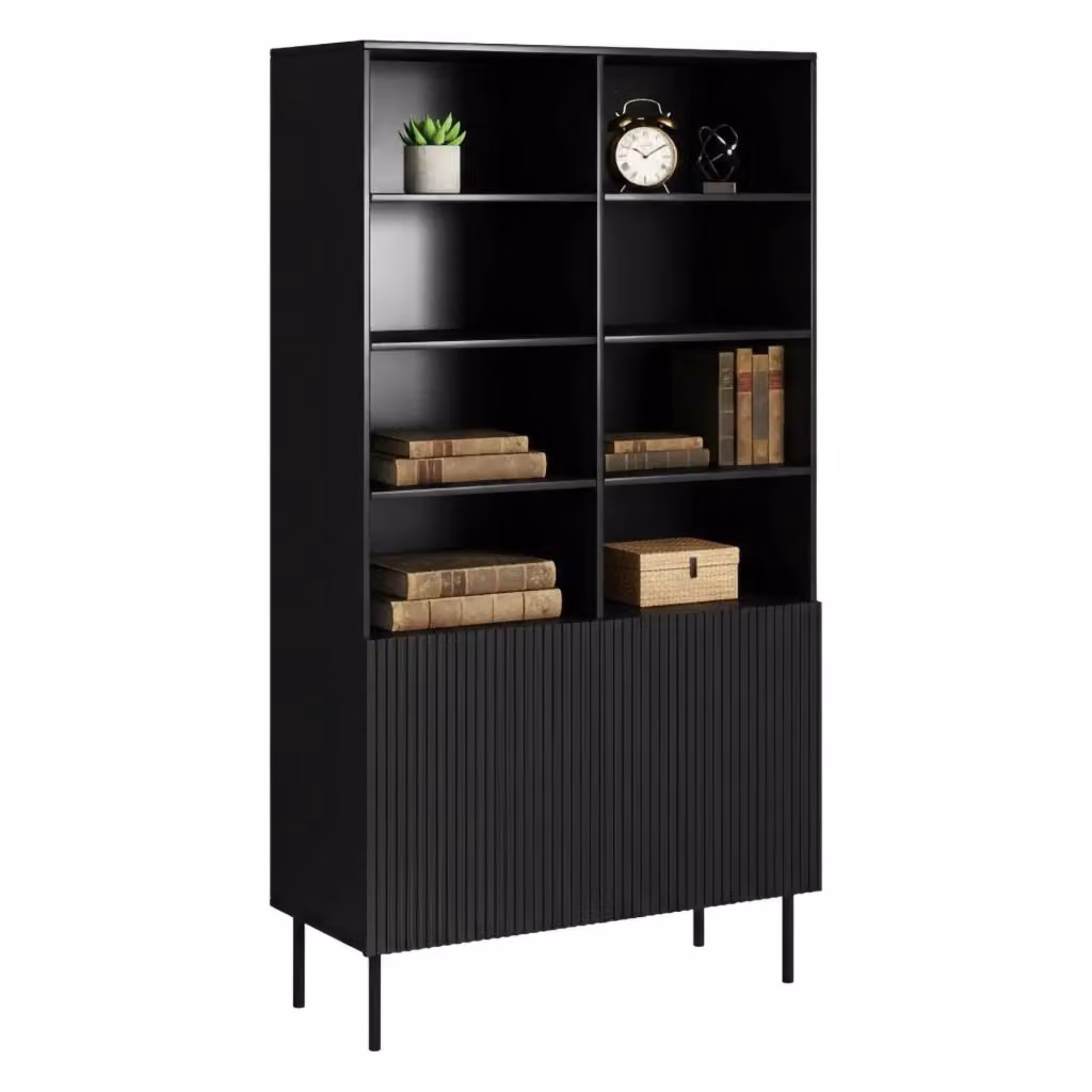 Libreria Ghilarza DMORA con vani aperti e due ante, Nero opaco, L 100 x P 42 x H 177 cm – 2