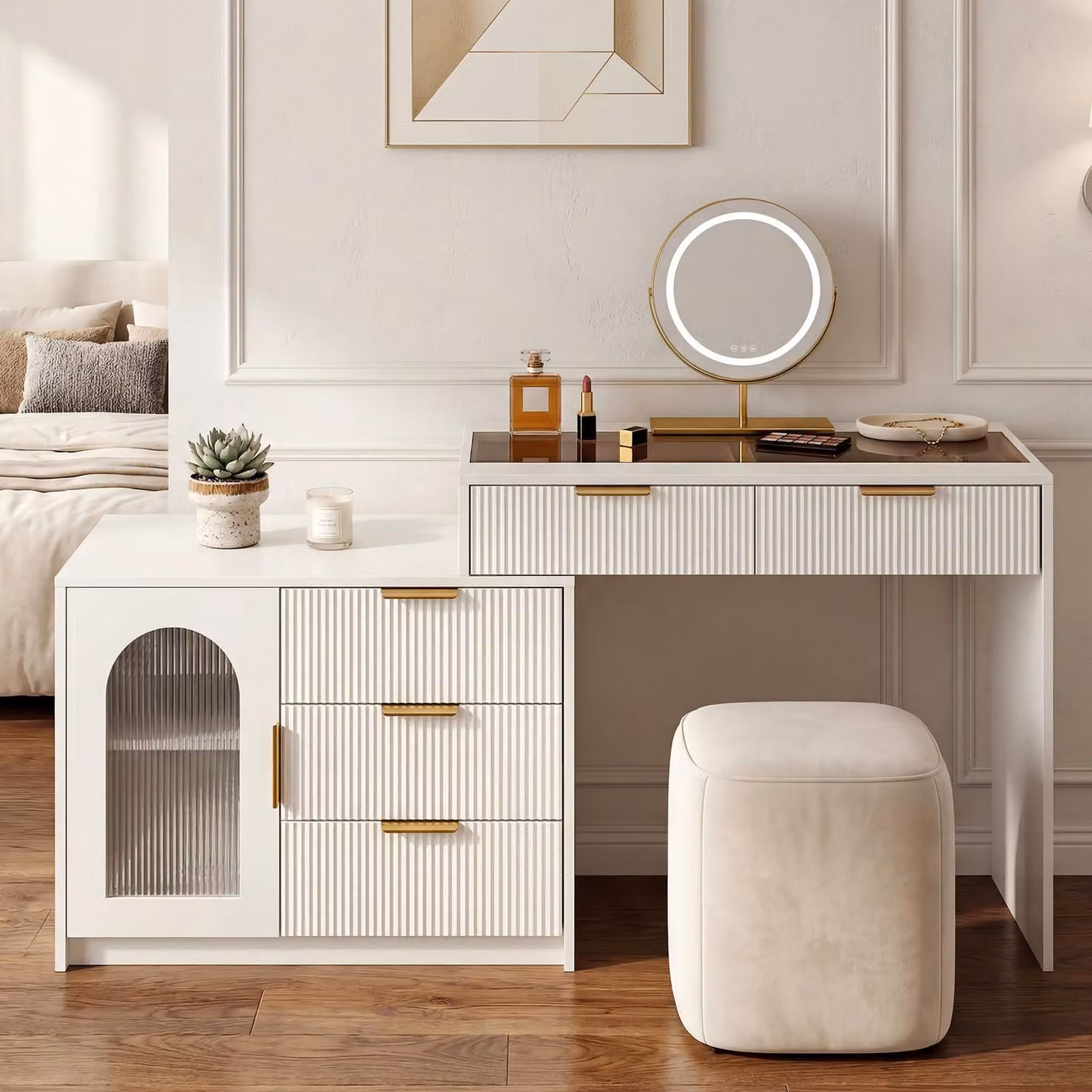 Comò da trucco okiwish con luci LED e piano in vetro, moderno comò da trucco con cassetti, design estensibile, ideale per camere da letto, colore bianco
