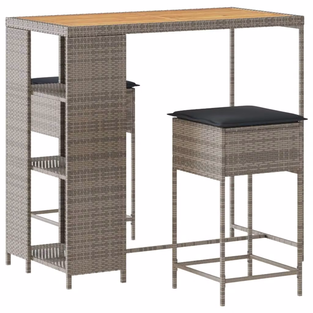 Set Bar da Giardino 3pz con Cuscini Grigio in Polyrattan