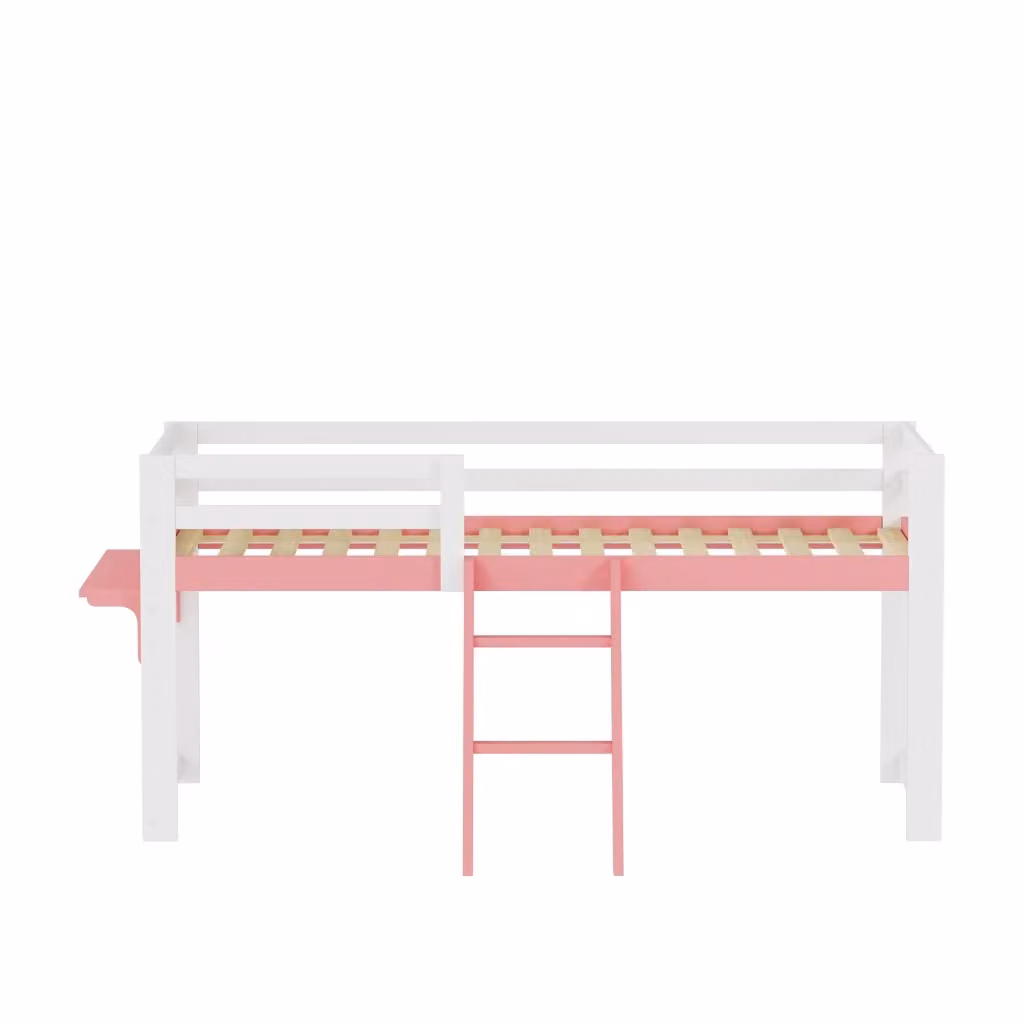 Letto a soppalco per bambini MINIMAL in pino massello bianco e rosa con scala, tavolo e rete a doghe, L/P/H: 200 x 90 x 151 cm – 2