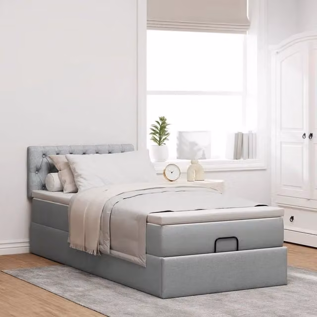 Letto con Pouf e Materasso vidaXL in Tessuto Grigio e Bianco con Base a Sollevamento, L: 200 cm, P: 80 cm, H: 88 cm