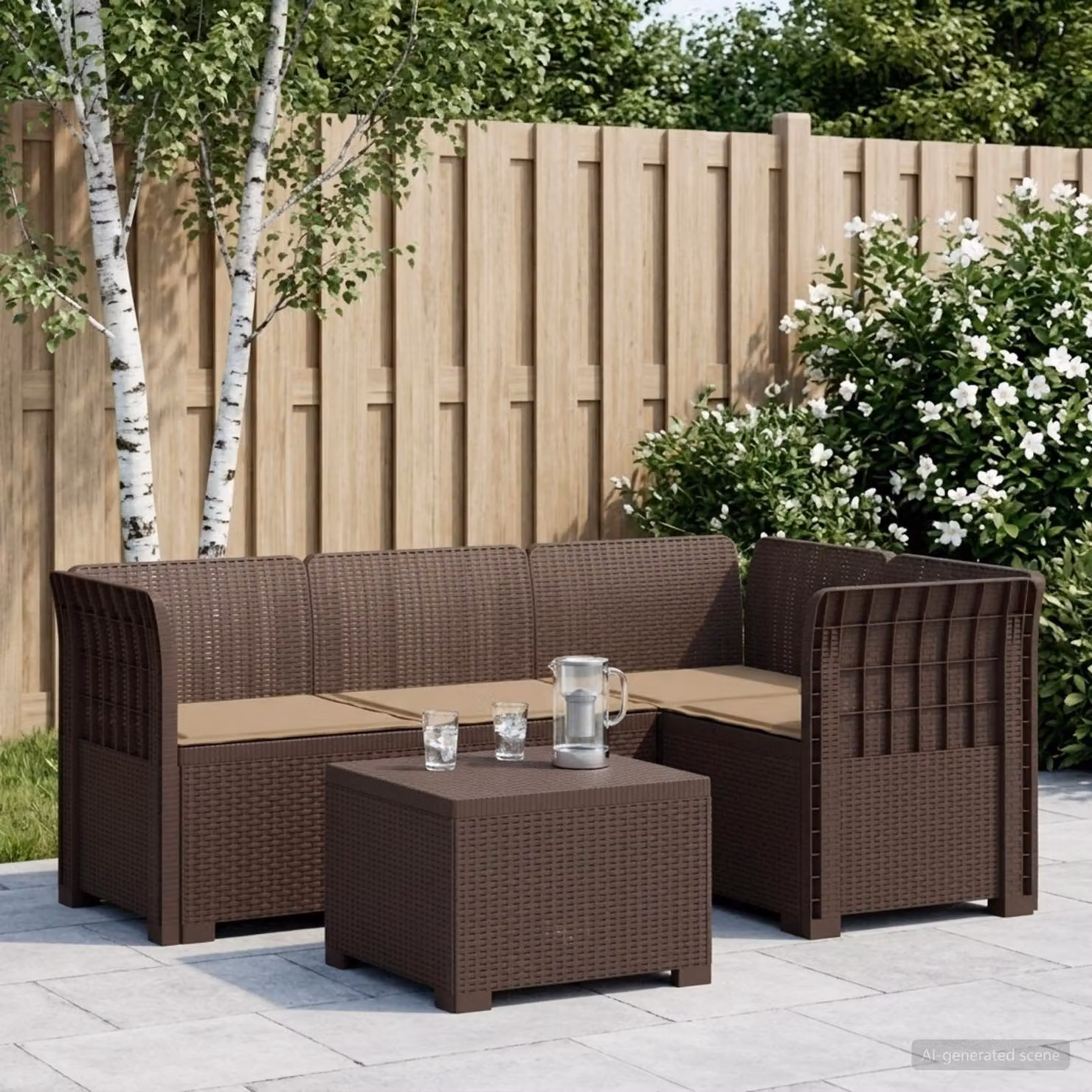 Set da giardino moderno vidaXL composto da divano angolare a L, elemento d'angolo e tavolino da caffè in polyrattan marrone con cuscini inclusi e rivestimenti rimovibili