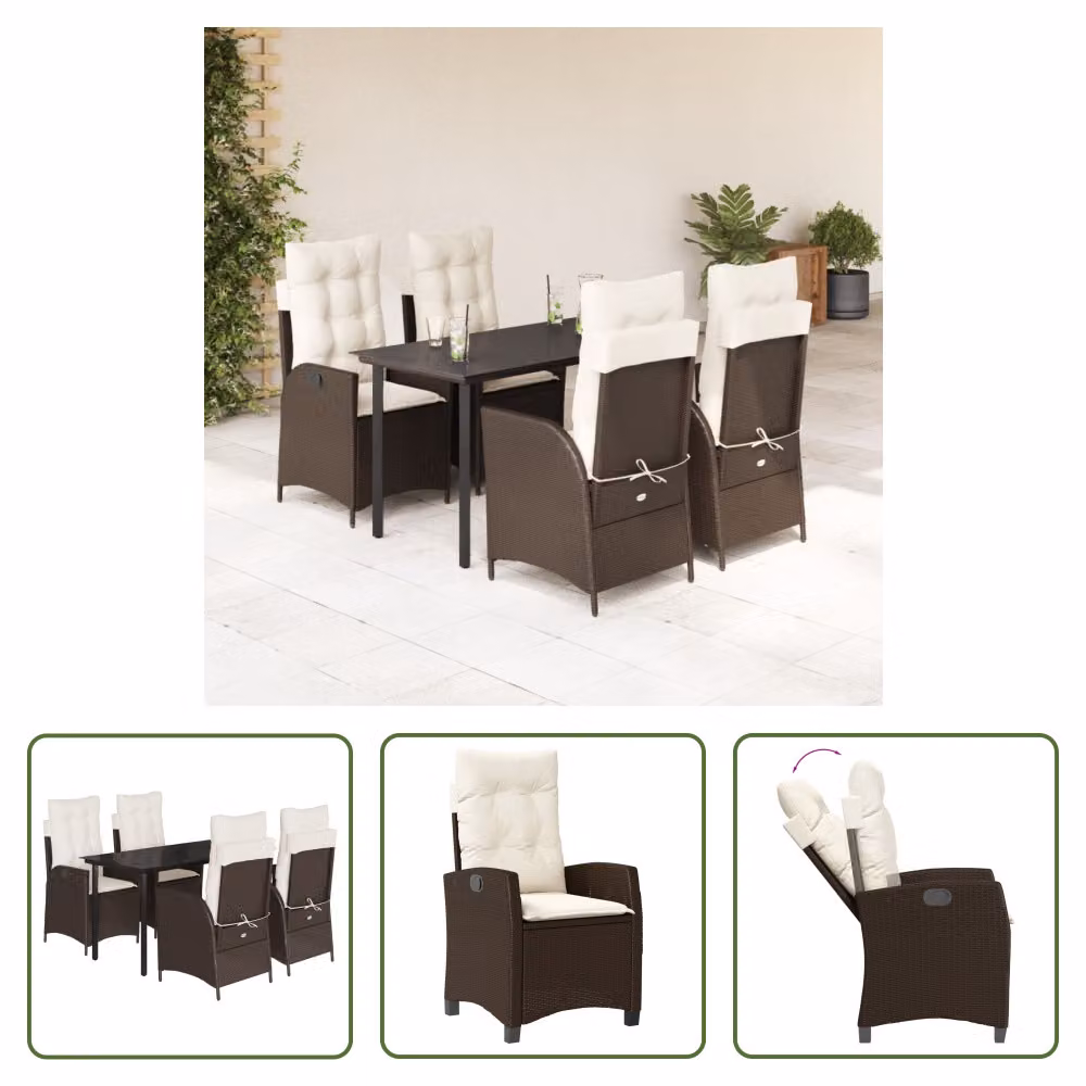 The Living Store Set da pranzo da giardino 5 pezzi con cuscini in polirattan marrone