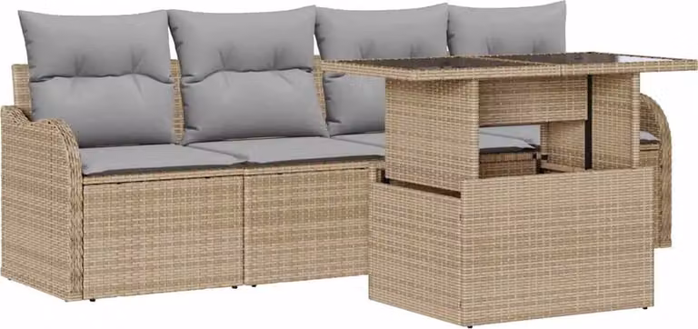 Set Divano da Giardino con cuscino 5 pcs Beige Poly Rattan