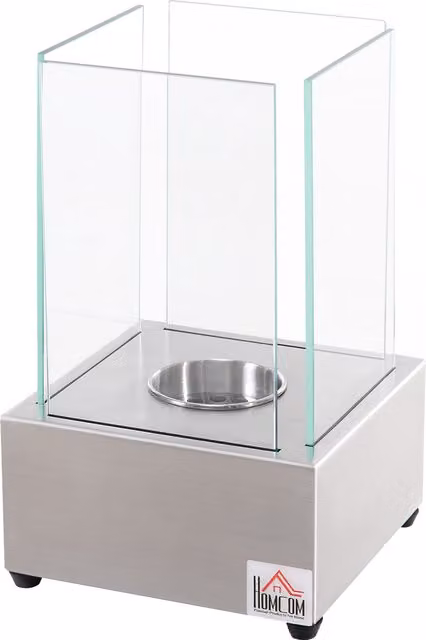 HOMCOM Camino a Bioetanolo da Tavolo con Bruciatore da 0.4L, Biocamino in Acciaio e Vetro per Interni ed Esterni, 20x20x33cm, Argento Aosom