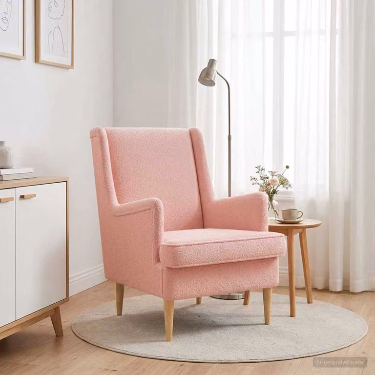 Poltrona moderna vidaXL in tessuto bouclé rosa con braccioli e struttura in legno e metallo, ideale per soggiorno o camera da letto, L/P/H: 79 x 62 x 90 cm