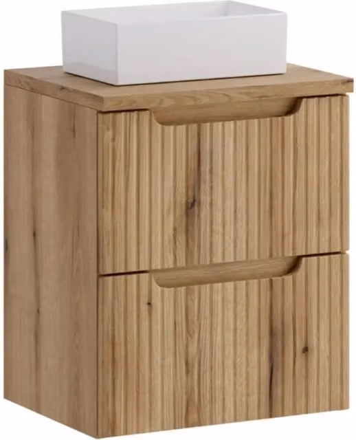 Set da bagno VANO in rovere chiaro 50cm: mobiletto sottolavabo con cassetti + piano per lavabo + lavabo rettangolare da appoggio