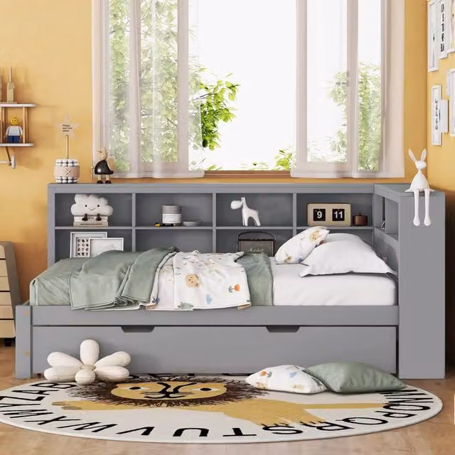 Letto Mivray con letto estraibile e vano contenitore in legno grigio, dotato di porte USB, L/P/H: 140 x 200 x 92,5 cm con secondo letto 90 x 190 cm