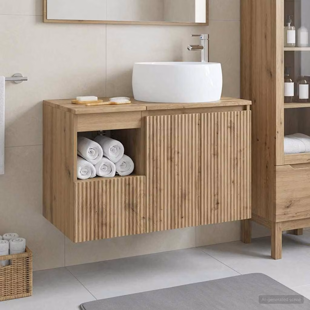 Set di mobili per il bagno vidaXL in legno rovere marrone composto da mobile lavabo e mobile contenitore moderno a parete