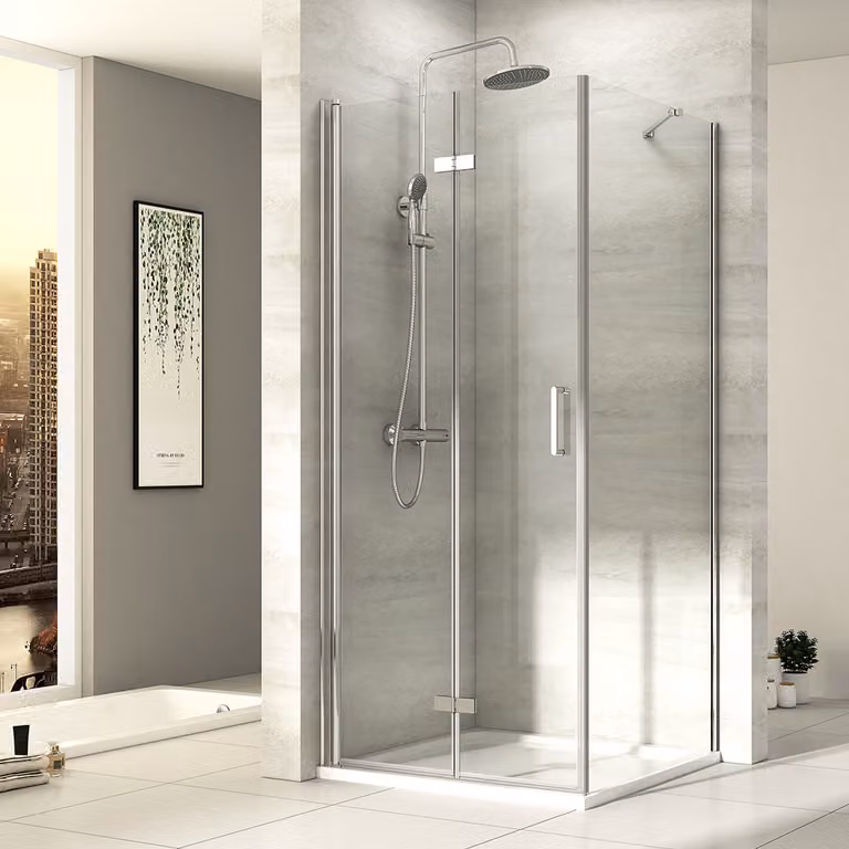 Cabina doccia EMKE 80 x 80 x 195 cm con ingresso angolare e porta a soffietto Doccia ribaltabile a 180º Parete doccia Parete divisoria con parete laterale in vetro di sicurezza ESG da 6 mm
