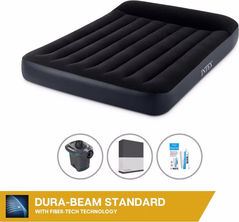 Letto gonfiabile Intex - 2 persone - 137 x 191 x 25 cm - nero + pompa elettrica Intex - 650 litri/min + telo nero + kit di riparazione