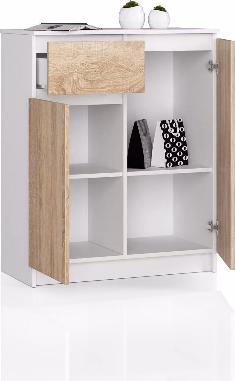 BDW, cassettiera 1 cassetto e 2 ante, 80x99x40 cm, credenza, bianco - rovere Sonoma