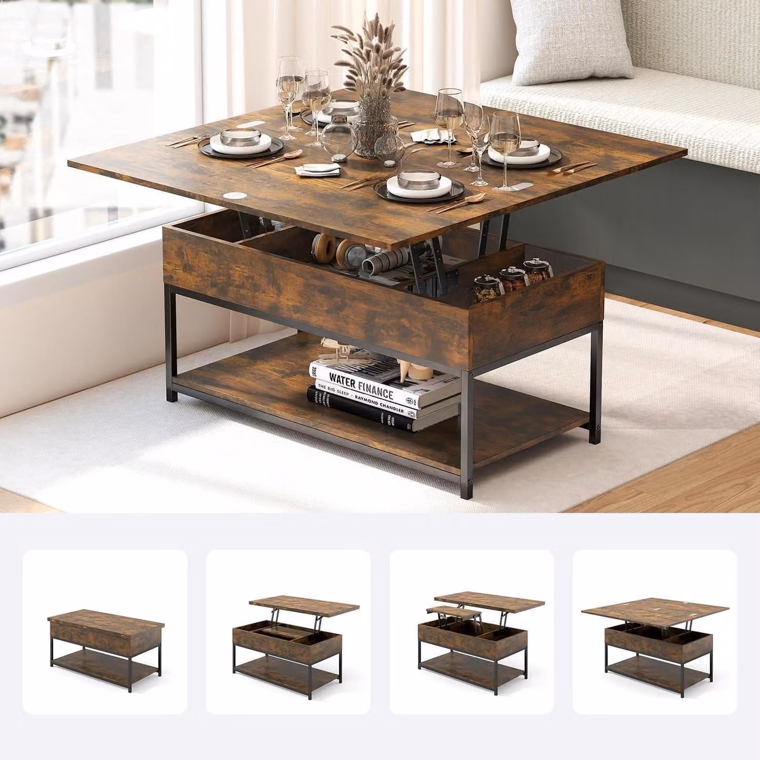 Tavolino da divano con altezza regolabile e spazio contenitore, a 2 livelli, stile industriale, color marrone