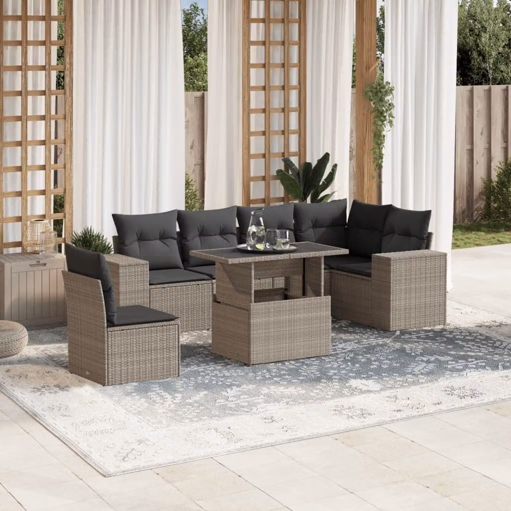 vidaXL Set Divani da Giardino 7pz a Forma di L con Cuscini Grigio Antracite e Tavolino in Vetro – 1