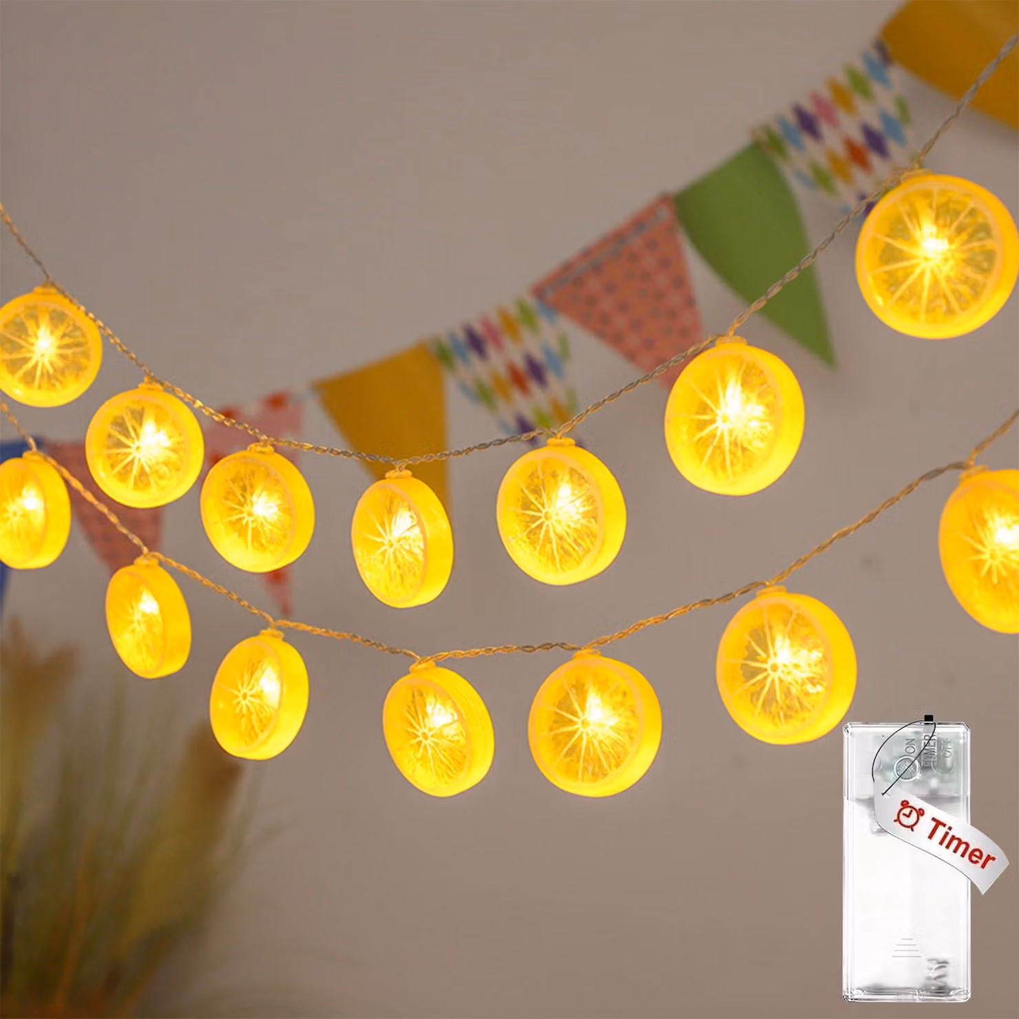 Catena luminosa a LED con decorazioni a forma di fette di limone, lunghezza 1,5 metri, 10 LED bianco caldo, con timer
