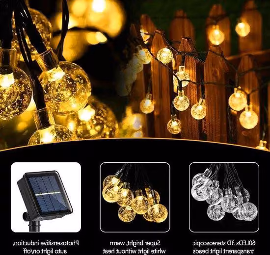 Illuminazione da esterno a energia solare - Catena luminosa a forma di palline di ghiaccio con 60 LED - Impermeabile - 8 modalità - Luce bianca calda