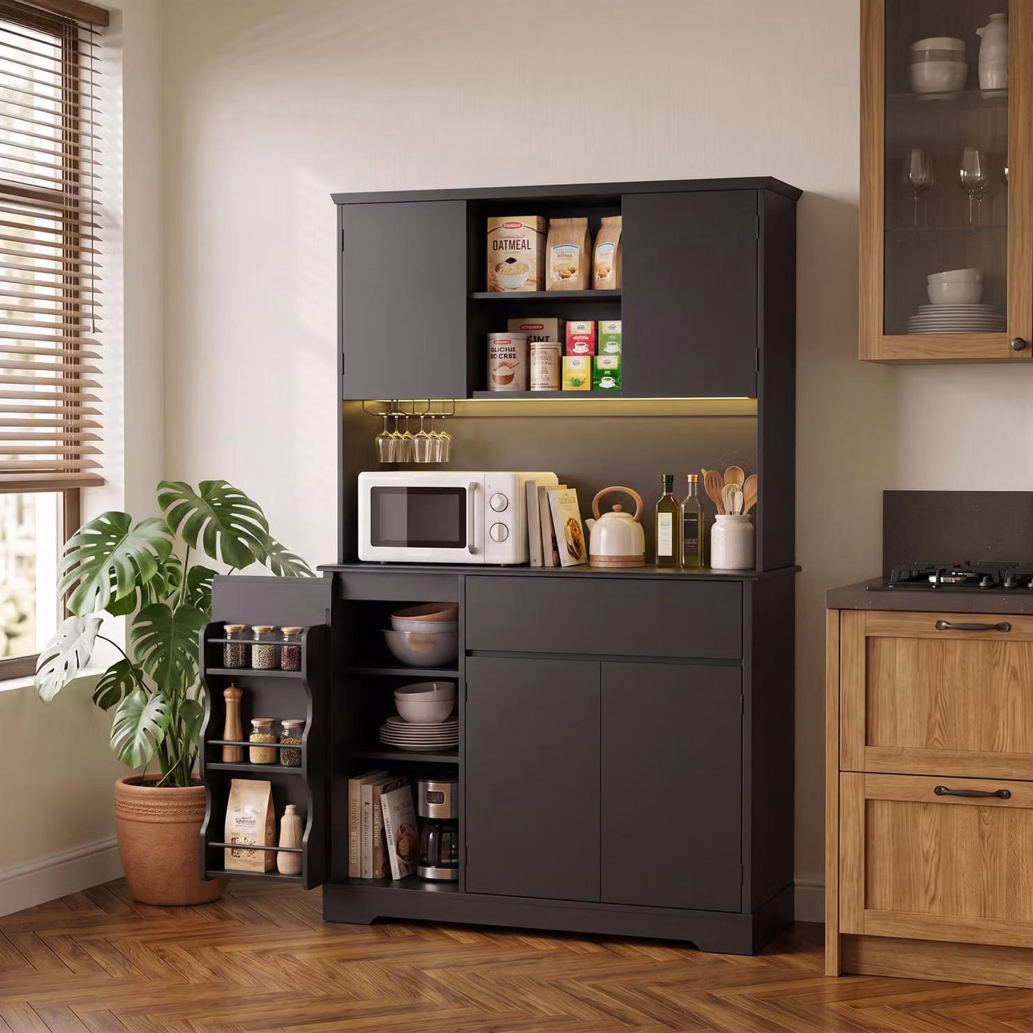 Armadio alto per cucina BEALIFE, 107x40x172 cm, con presa di corrente e striscia LED RGB | Nero | AP125