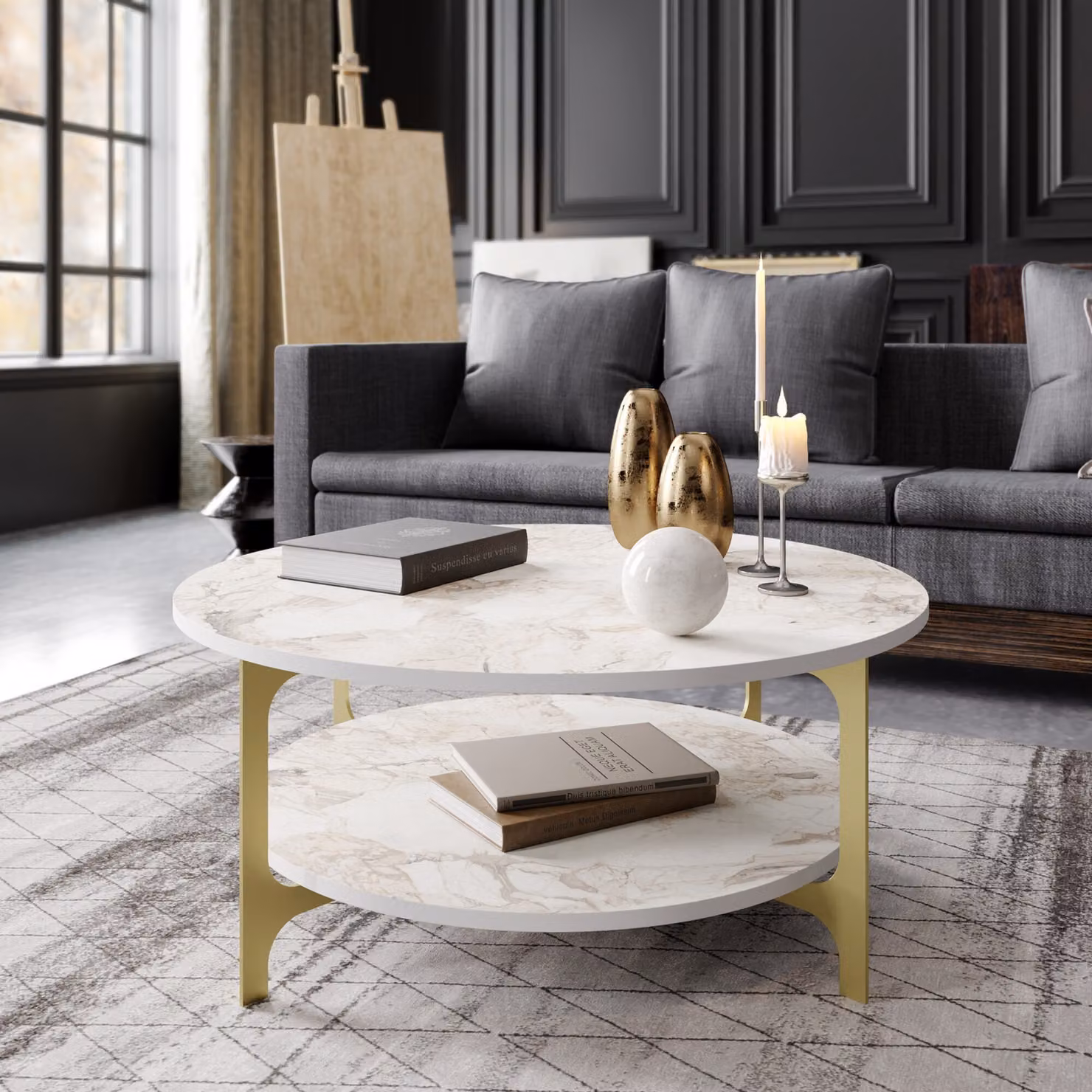 Skye Decor, Versy- Versy HDL, oro, bianco, tavolini, 90x90x36,8 cm, 100% pannello di particelle rivestito in melamina