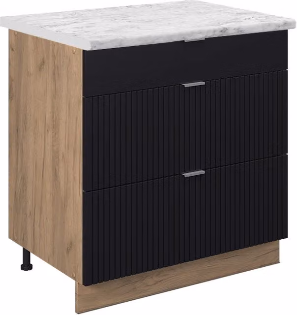 Mobiletto base per cucina Fame-Line Nero rigato/Rovere dorato 80 cm con 3 cassetti, PL Marmo Vicco